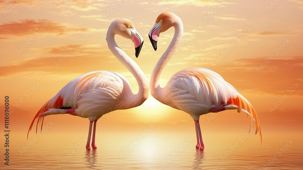 Fototapeta premium Flamingo pair at sunset creating heart reflection.