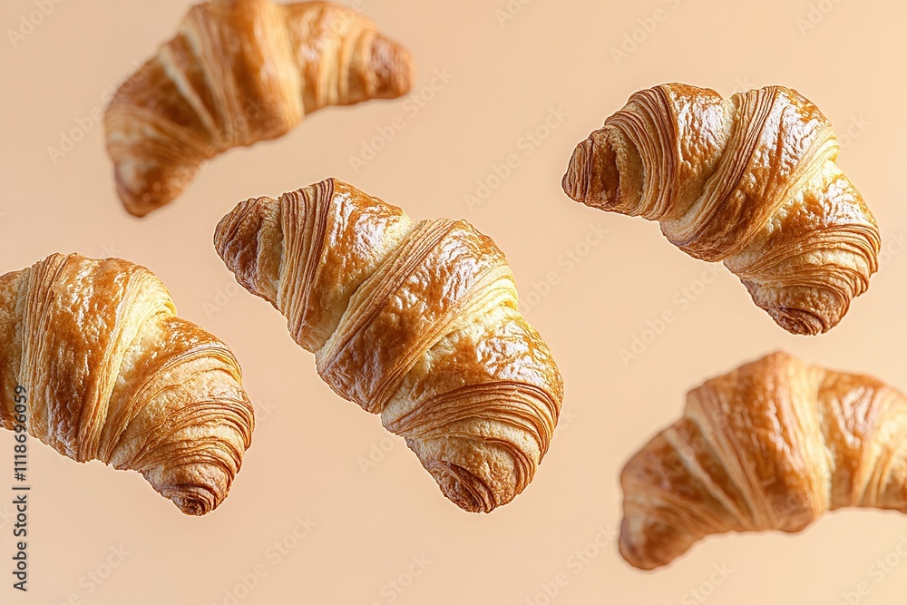 French pastry croissants in air on beige background French pastry croissants in air on beige background