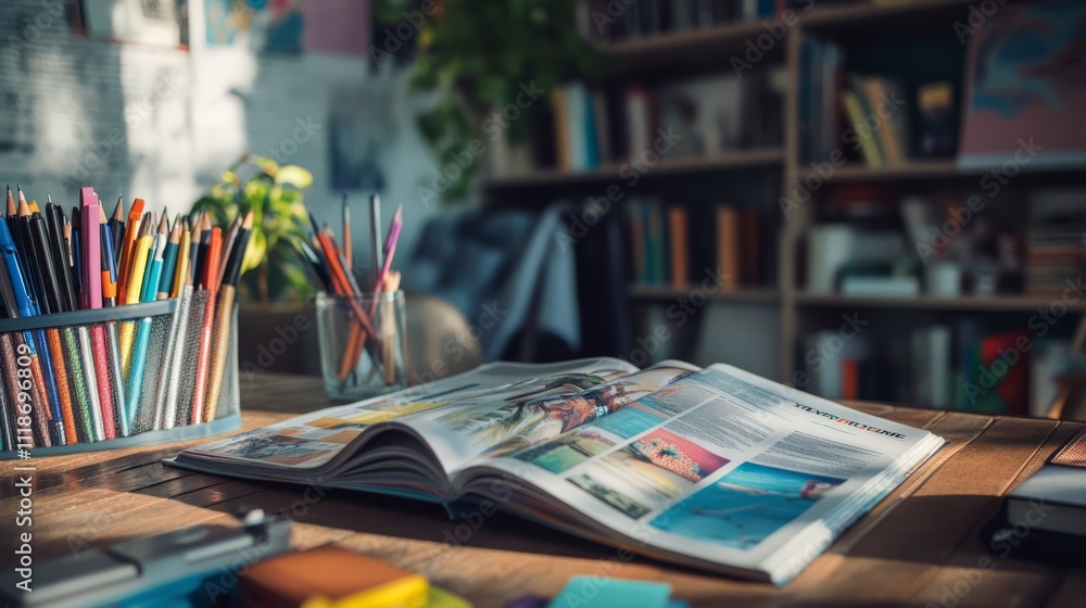 Open book, pencils, and books on a wooden desk in a sunlit room. Open book, pencils, and books on a wooden desk in a sunlit room.