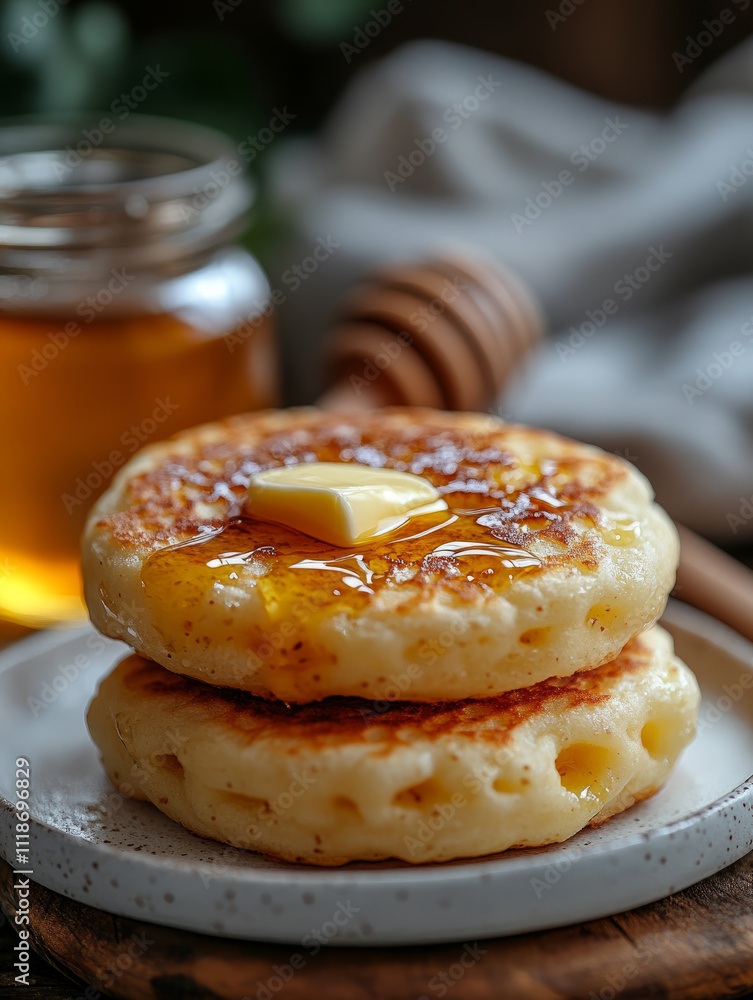 Stack of pancakes with butter and honey drizzle. Stack of pancakes with butter and honey drizzle.