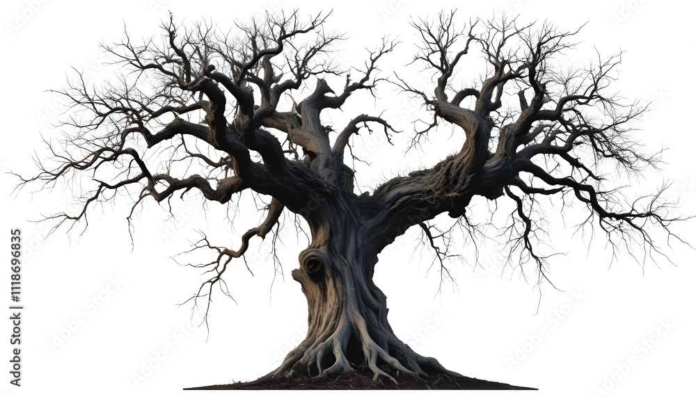 A twisted, gnarled tree with bare, twisted branches against a dark background, conveying a sense of age, decay, and a haunting, eerie atmosphere A twisted, gnarled tree with bare, twisted branches against a dark background, conveying a sense of age, decay, and a haunting, eerie atmosphere