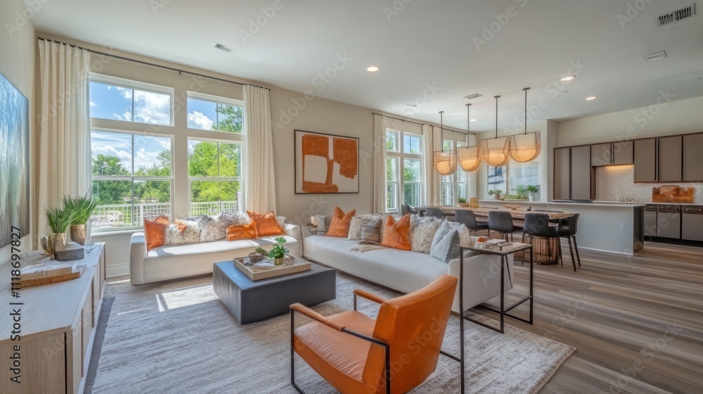 Modern open-plan living room with large windows, orange accents, and hardwood floors.