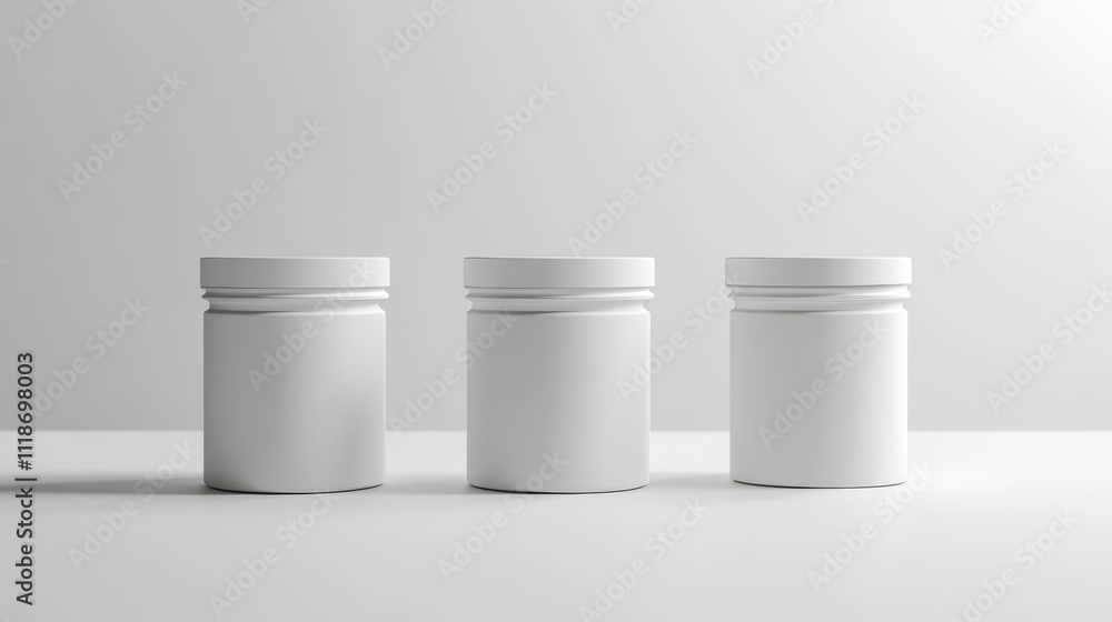 Three blank white cylindrical containers on a white background. Three blank white cylindrical containers on a white background.