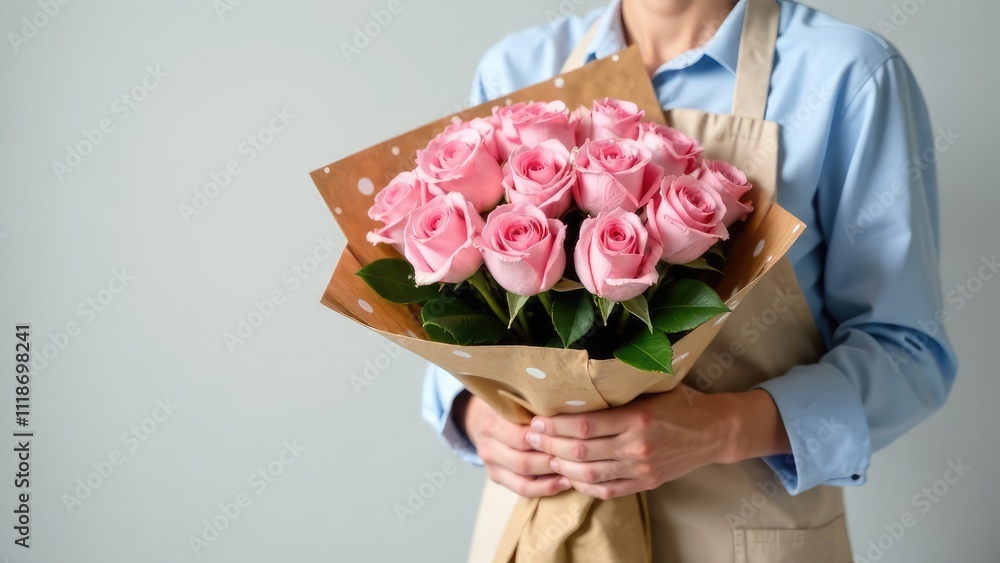 Bouquet of pink roses close-up in the hands of a male florist on a grey background Bouquet of pink roses close-up in the hands of a male florist on a grey background