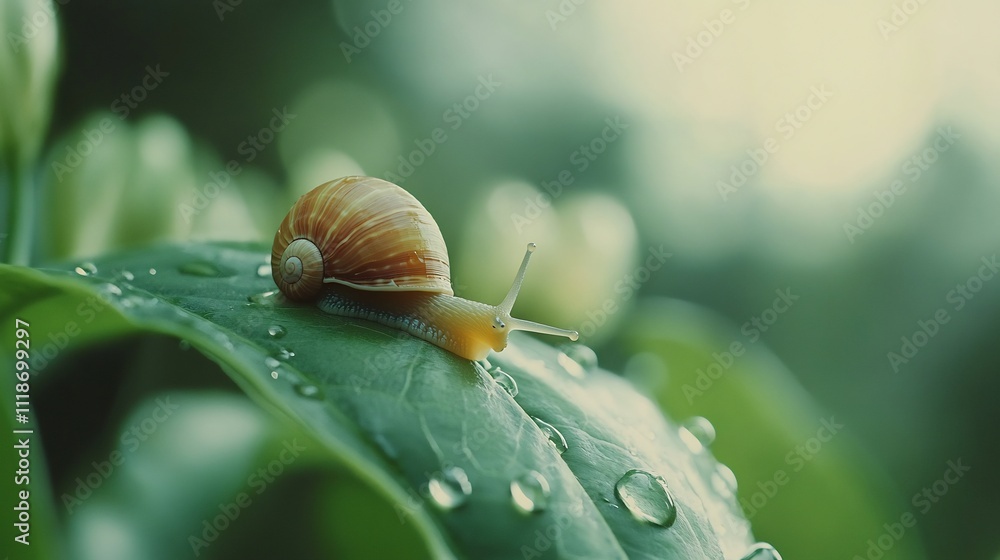 Snail Crawling on a Dew-Covered Leaf in a Lush Garden Snail Crawling on a Dew-Covered Leaf in a Lush Garden