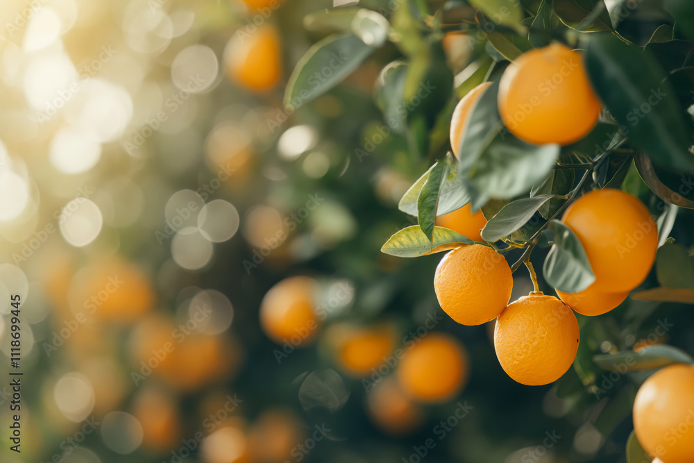 Orange fruits on leafy branches in a sunlit orchard, with blurred background bokeh creating a dreamy and vibrant composition. Orange fruits on leafy branches in a sunlit orchard, with blurred background bokeh creating a dreamy and vibrant composition.
