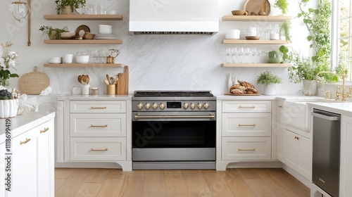 This kitchen showcases white cabinets, light wood floors, and a grey marble backsplash, filled with natural daylight from large windows photo