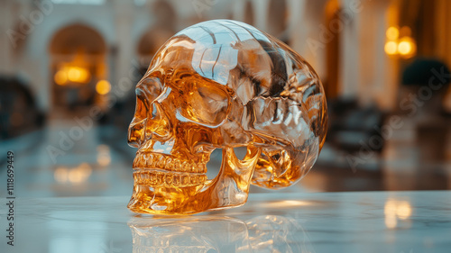 Ornate glass skull sculpture displayed indoors. photo