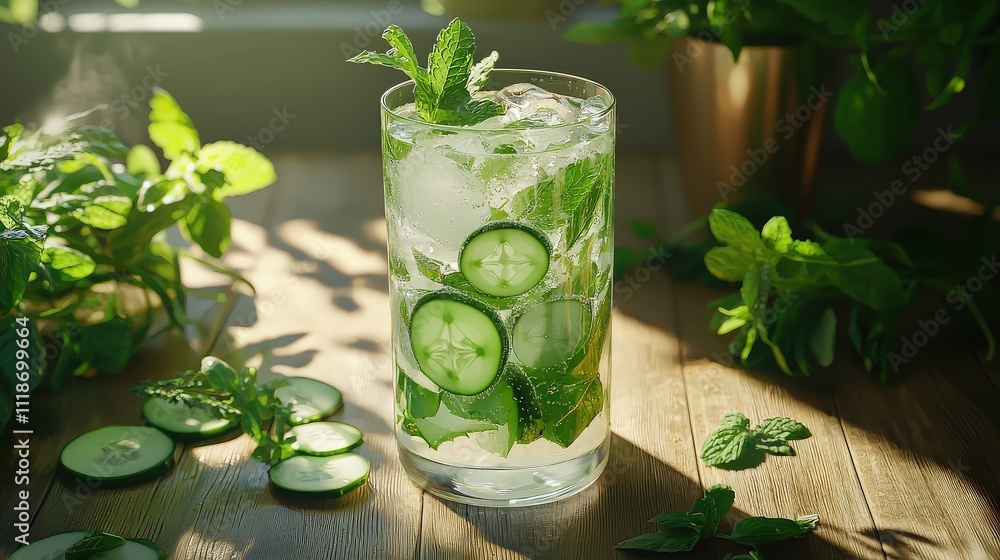 Fototapeta premium Refreshing Cucumber Mint Iced Drink on Wooden Table