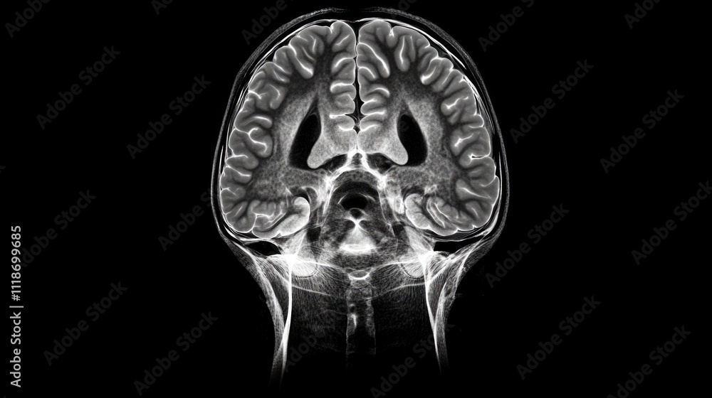 Sagittal MRI scan of a human brain showing detailed anatomical structures. Sagittal MRI scan of a human brain showing detailed anatomical structures.