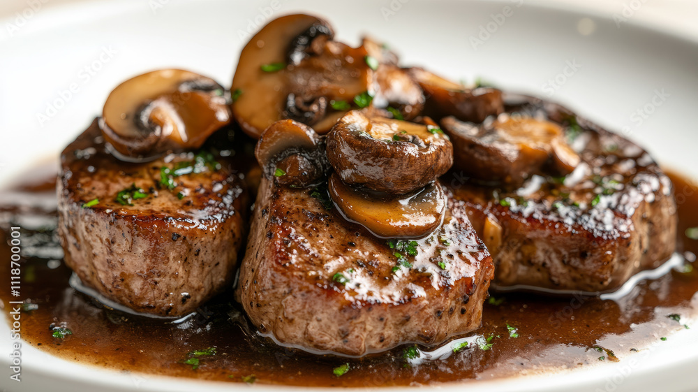 Juicy filet mignon with mushroom sauce on a plate. Juicy filet mignon with mushroom sauce on a plate.