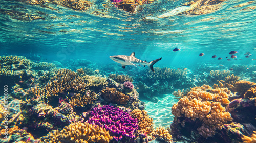  Blacktip reef shark swimming above coral reef.