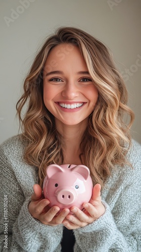 Woman holds a pink piggy bank and smiles while sitting indoors