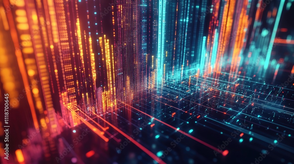 Abstract digital cityscape with glowing lines and vibrant colors. Abstract digital cityscape with glowing lines and vibrant colors.