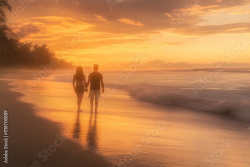 Couple enjoying a romantic sunset stroll on a tropical beach