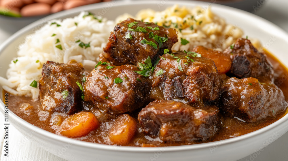 Beef stew with rice and vegetables in a white bowl.