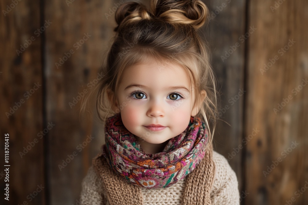 Young girl wearing a cozy scarf poses for a portrait in a rustic setting Young girl wearing a cozy scarf poses for a portrait in a rustic setting