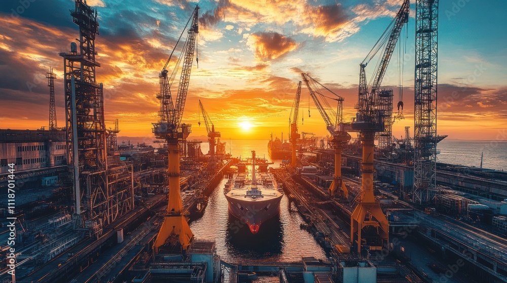Sunrise over a large ship in a dry dock, surrounded by industrial cranes. Sunrise over a large ship in a dry dock, surrounded by industrial cranes.