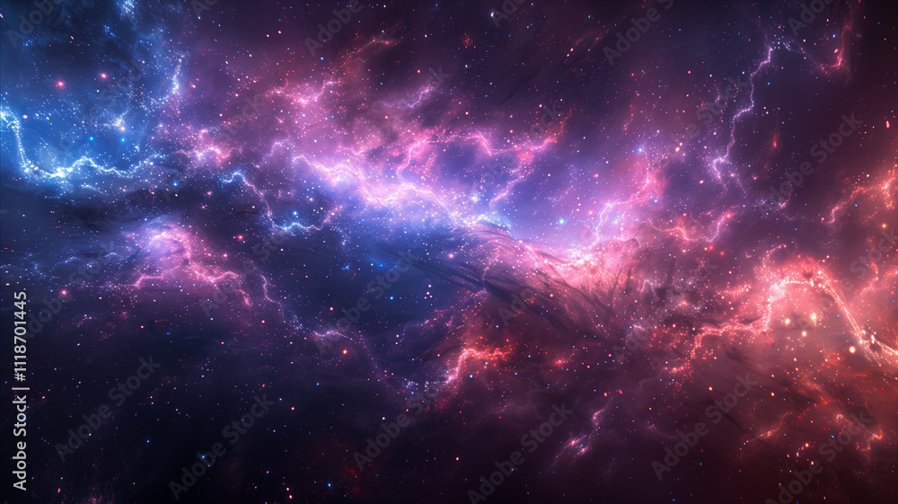 Obraz premium Vivid cosmic nebula filled with glowing pink and blue hues, interstellar dust, and countless stars in the vast expanse of deep space.