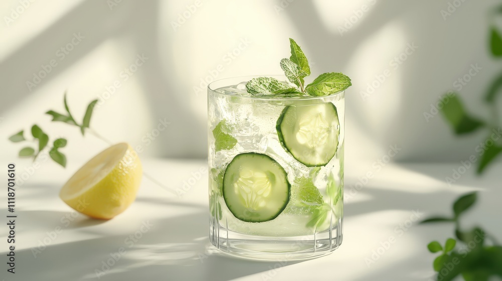 Refreshing Cucumber Mint Water Drink in Glass with Ice Refreshing Cucumber Mint Water Drink in Glass with Ice
