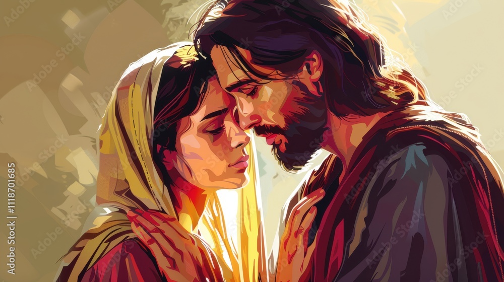 Vector art of Jesus comforting the woman caught in adultery Vector art of Jesus comforting the woman caught in adultery
