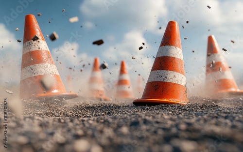 Flying traffic cones with scattered gravel and dust, dynamic and rugged, placed in a road repair setting