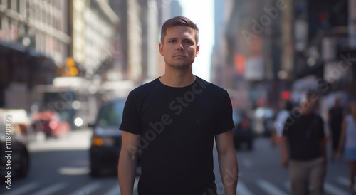 headshot - Um homem vestindo uma camiseta preta está em uma rua movimentada. para comercial