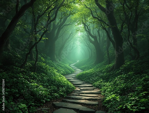A mysterious pathway disappearing into the dense undergrowth, undergrowth, foliage
