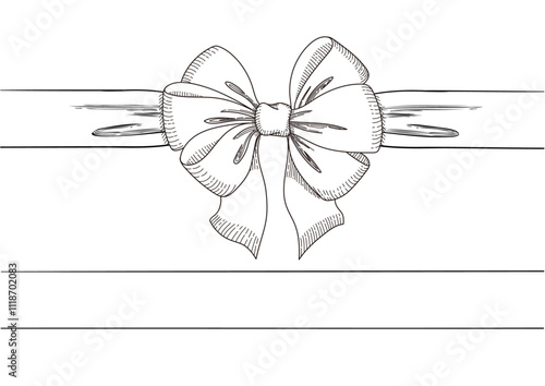 Set of long  bow and ribbon. Hand drawn vintage line art. Ink sketched vector illustration.