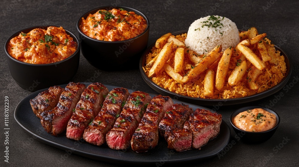 A stunning arrangement of steak, rice, and fries showcased under professional lighting creates an inviting culinary atmosphere A stunning arrangement of steak, rice, and fries showcased under professional lighting creates an inviting culinary atmosphere