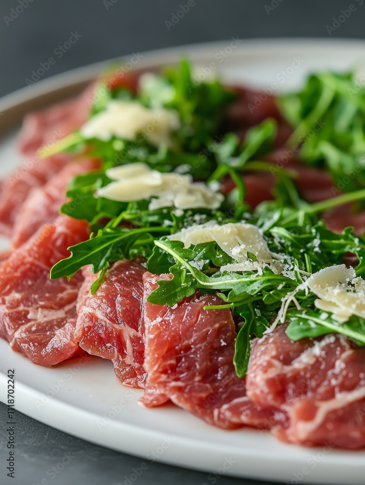 Thinly sliced beef carpaccio with arugula and cheese Thinly sliced beef carpaccio with arugula and cheese