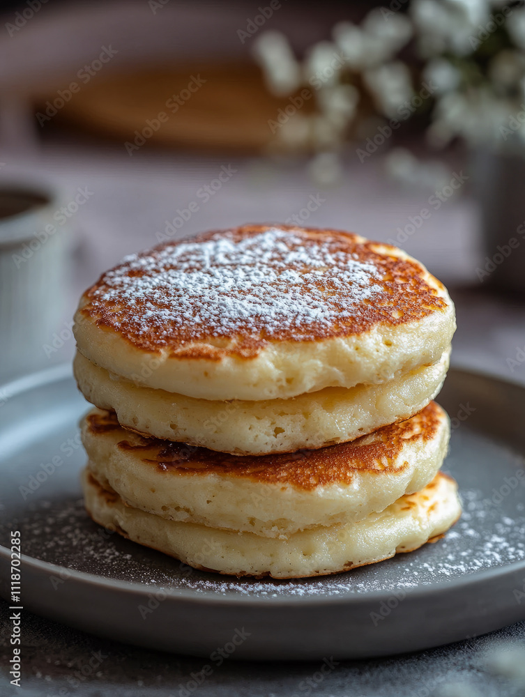 Stack of pancakes dusted with powdered sugar. Stack of pancakes dusted with powdered sugar.