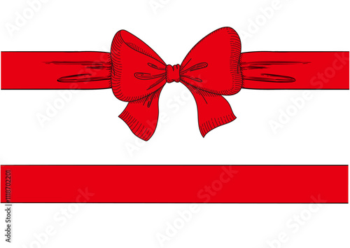 Vintage style decorated red long bow and ribbon. Hand drawn ink line art vector illustration.