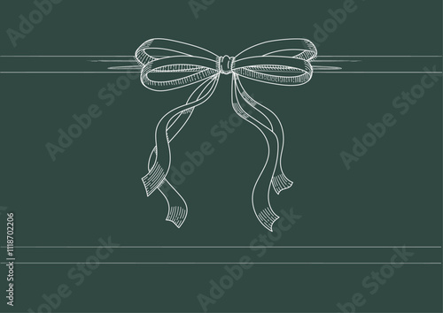Vintage style decorated long white line bow and ribbon. Hand drawn vintage line art vector illustration.