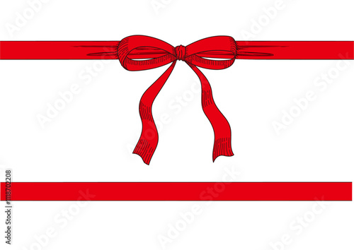 Vintage style decorated red long bow and ribbon. Hand drawn ink line art vector illustration. 