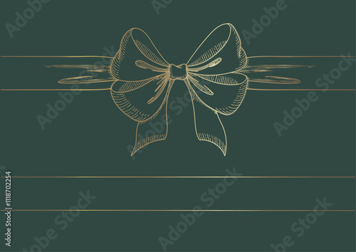 Vintage style decorated long bow and ribbon. Hand drawn vintage line art vector illustration. Gold color.