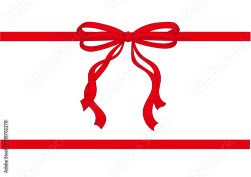 Vintage style decorated long red bow and ribbon. Hand drawn vintage line art vector illustration.