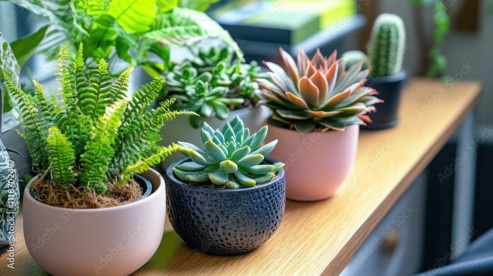 Vibrant succulents and ferns in pastel pots on a wooden table by a window. Vibrant succulents and ferns in pastel pots on a wooden table by a window.