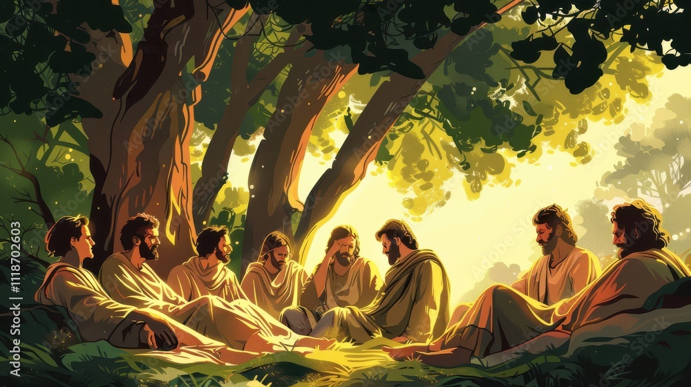 Fototapeta premium Vector art of Jesus healing the ten lepers, with one returning to give thanks