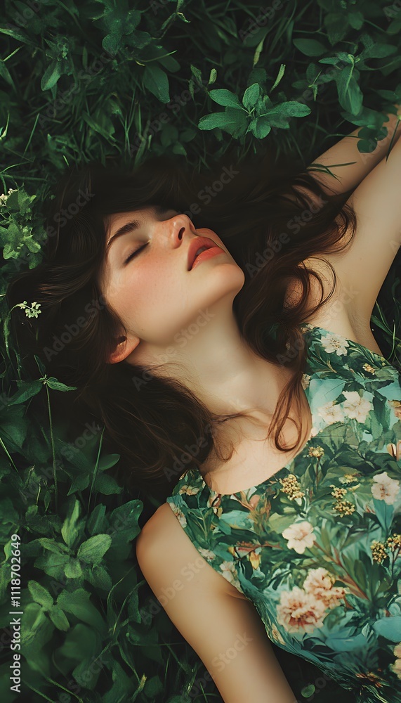 A woman laying on her back in a field of green plants A woman laying on her back in a field of green plants