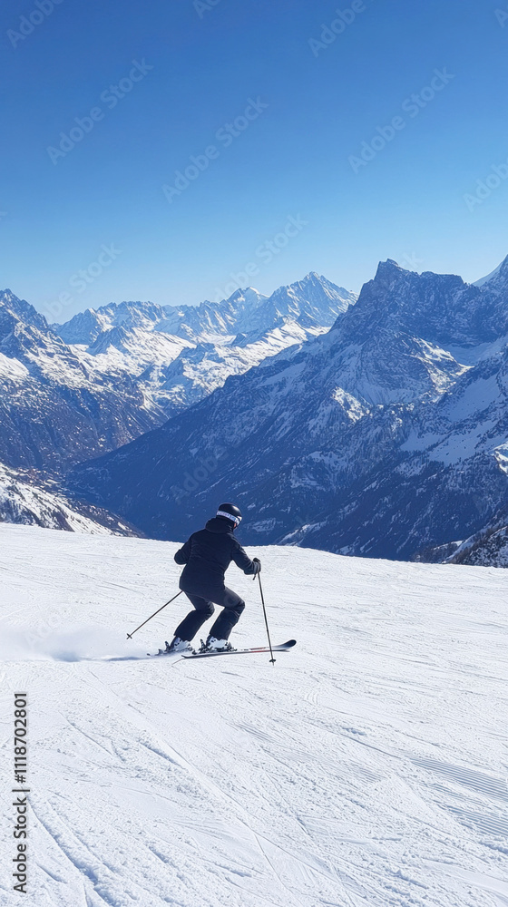 Skier is skiing down snowy slope on sunny winter day in mountains Skier is skiing down snowy slope on sunny winter day in mountains
