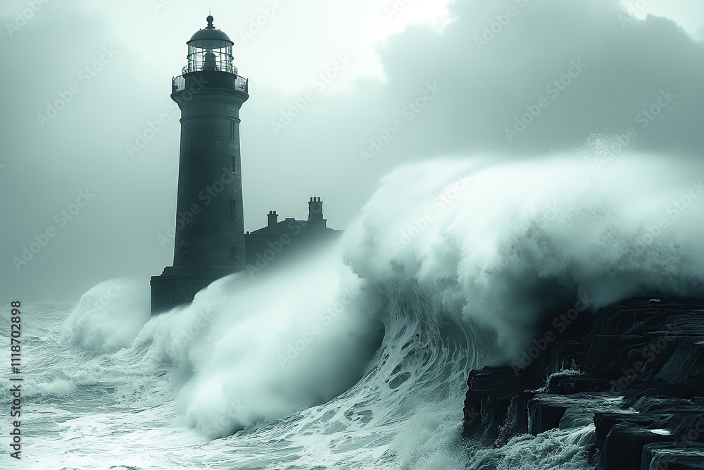 Fototapeta premium Lighthouse building with overlooking the sea and big waves in storm