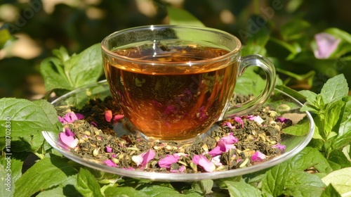 Herbal tea in glass cup on saucer with loose leaf tea and mint.