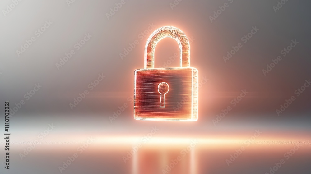 glowing padlock hologram floating over pristine white background in diffused lighting glowing padlock hologram floating over pristine white background in diffused lighting