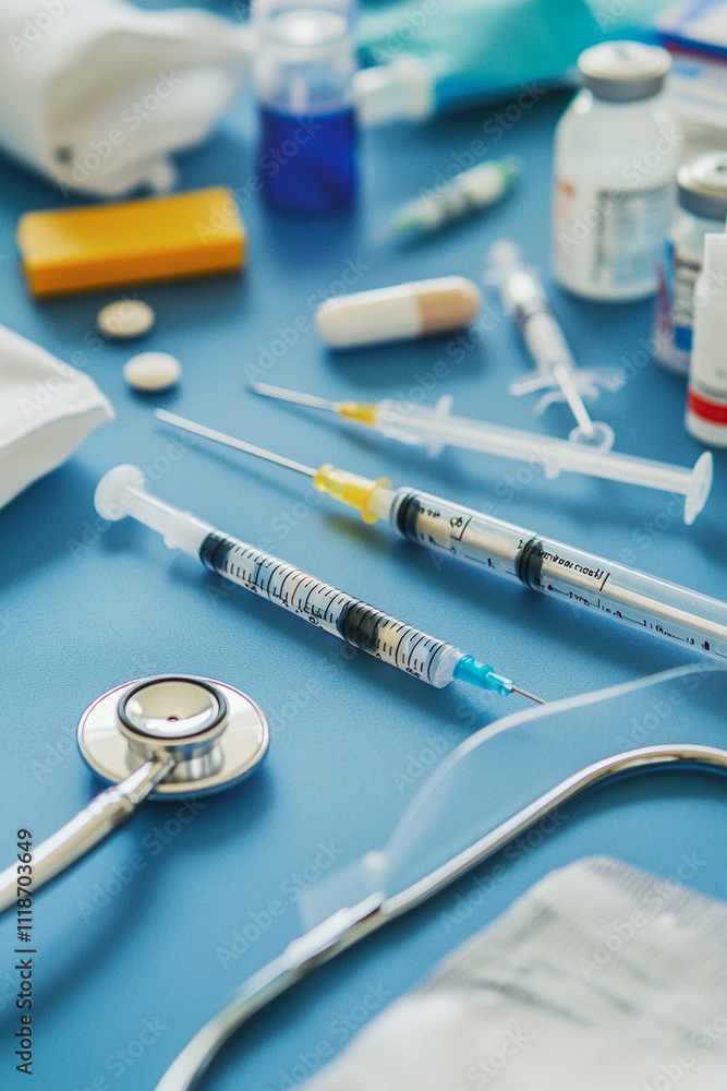 close-up of medical tools and equipment arranged on a sterile surface in a clinic. Items like a stethoscope, syringes, medicine bottles, and bandages highlight the essential medical instruments used i close-up of medical tools and equipment arranged on a sterile surface in a clinic. Items like a stethoscope, syringes, medicine bottles, and bandages highlight the essential medical instruments used i