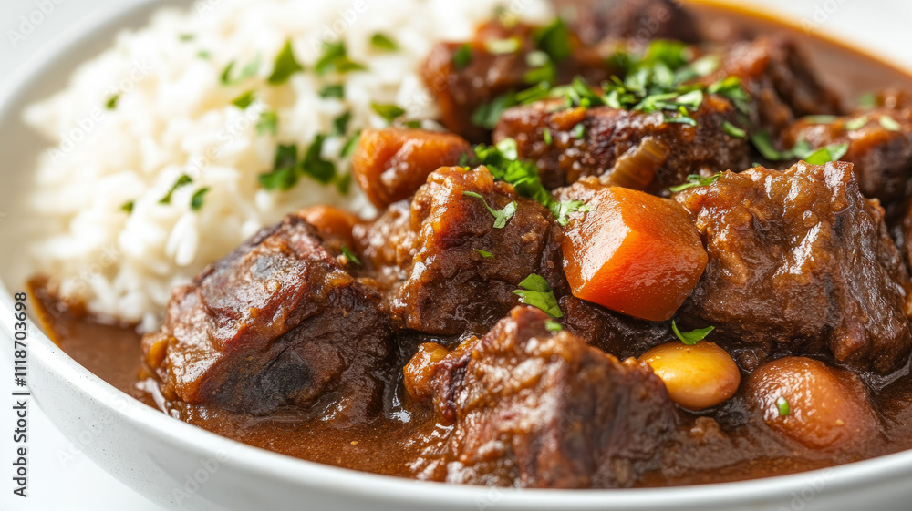 Plate of beef stew with rice and vegetables. Plate of beef stew with rice and vegetables.