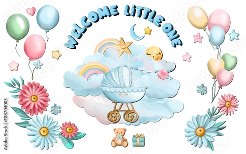A set of cute baby shower  illustrations featuring pastel tones, baby clothes, toys, balloons, banners, and decorations. Perfect for celebrating newborn arrivals, creating invitations or party decor.