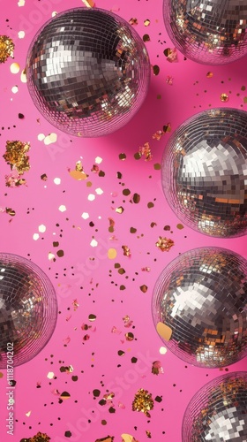 Shiny disco balls and confetti scattered on bright pink background for party celebration photo