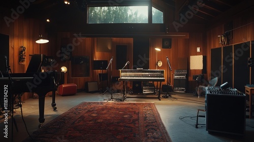 Sunlit recording studio with piano, microphones, and mixing console.