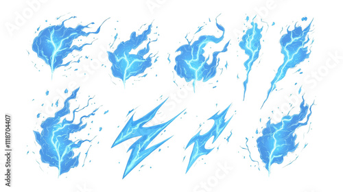 Cartoon lightning animation. Animated frames of electric strike, magic electricity and thunderbolt effect vector illustration set. Game asset collection of blue glowing storm bolts isolated on white